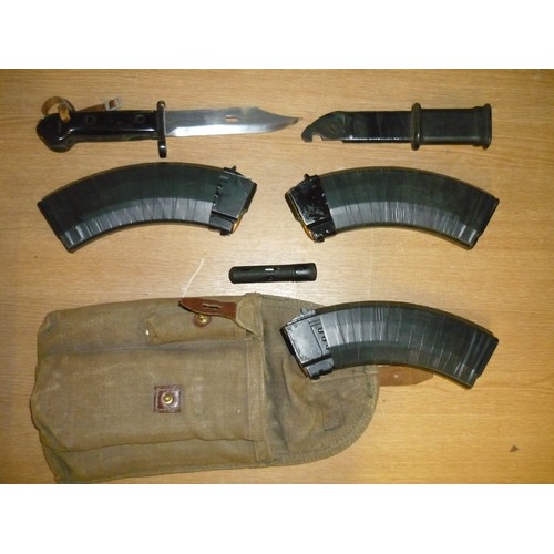 85 - AK45 Bayonet and ammo pouch with four pockets containing magazines for the AK47 loaded with inert am... 