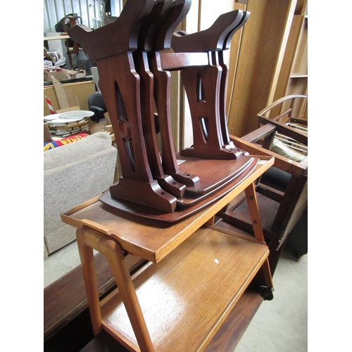 488 - 1950s Remploy golden oak and beech two-tier trolley with lift out tray top and a modern mahogany nes... 