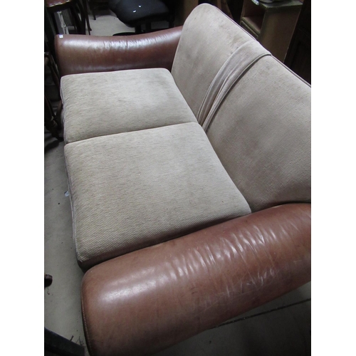 491 - Contemporary large two-seater settee in distressed tan leather and beige velour, H80cm, D103cm, W190... 