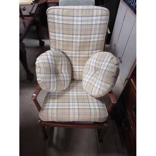 495 - Parker Knoll beech framed ladder back rocking chair upholstered in contemporary beige ground tweed m... 