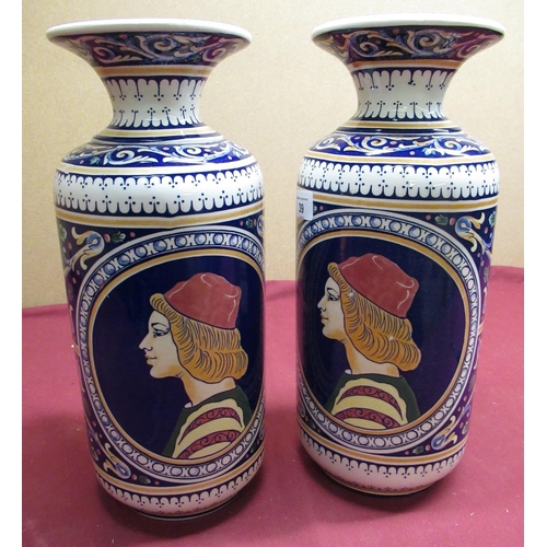 39 - Pair of 20th C Riprodwzione Italian vases, polychrome decoration with central panel set with a bust ... 
