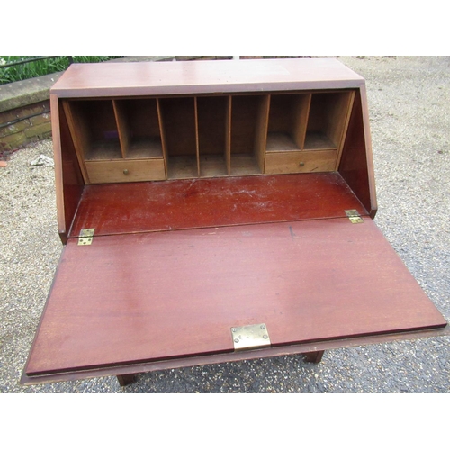 415 - Edwardian satinwood crossbanded mahogany bureau, with fall front above three long drawers, on bracke... 