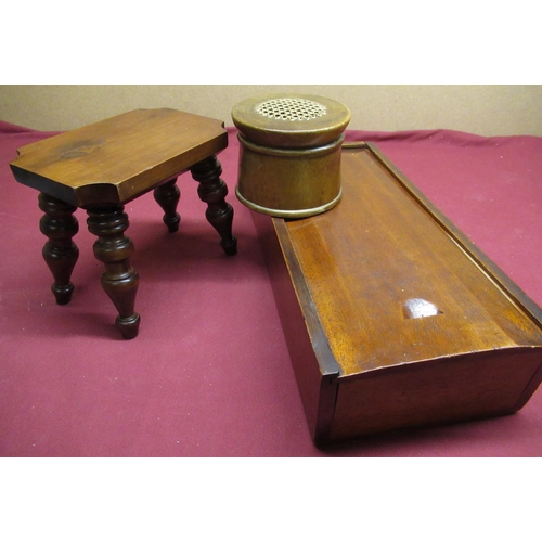 43 - Victorian yew lacemakers stool with shaped top on turned tapering ringed legs, a mahogany box with B... 