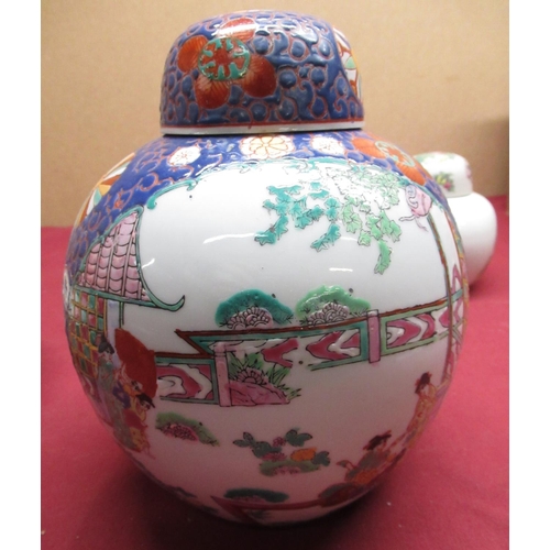 453 - 20th C Chinese ginger jar, polychrome decorated in , panels decorated with garden scenes, H21.5cm, t... 