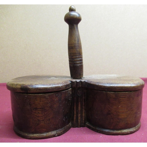 47 - 19th C oak two division spice container with swivel lid and turned handle