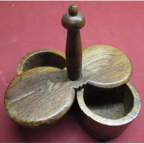 47 - 19th C oak two division spice container with swivel lid and turned handle