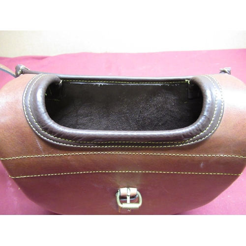 115 - Dark brown leather cartridge bag with suede lining and leather and canvas strap