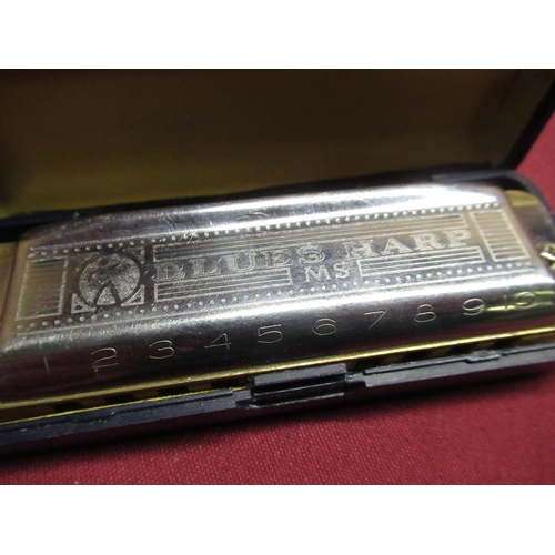 146 - Part set of Hohner Blues Band harmonicas, lacking one in zip case (6) and two Hohner Blues Harp harm... 