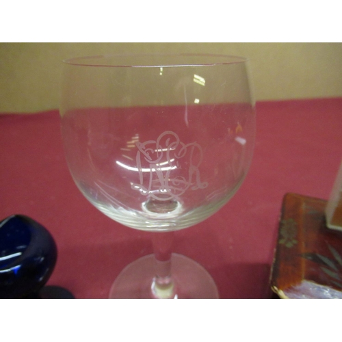 151 - Stem wine glass, the bowl engraved LNER H14cm, blue glass and amber tint eyebaths, two pairs of vint... 