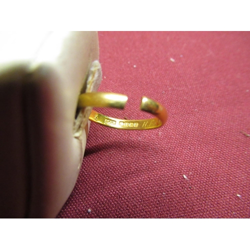 157 - 22ct gold hallmarked wedding band, 2.5g (cut)