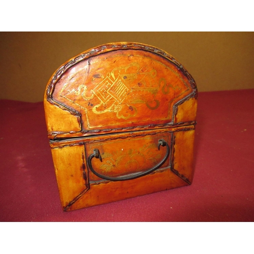 183 - Chinese leather covered rectangular domed topped jewellery box, painted with figures and trellis wor... 