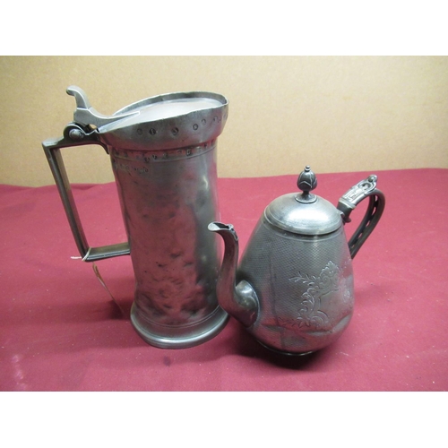 189 - Large French pewter double litre measure in the form of a flagon, cylindrical body with hinged cover... 