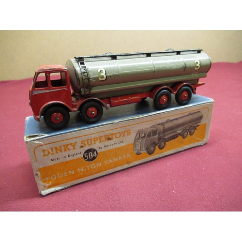 20 - Dinky Supertoys Foden 14-Ton Tanker 504, 1st Red cab, fawn tank with later decals, in original blue ... 