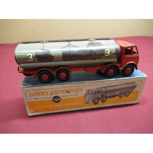 20 - Dinky Supertoys Foden 14-Ton Tanker 504, 1st Red cab, fawn tank with later decals, in original blue ... 