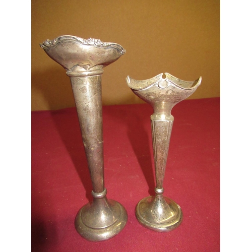 338 - Two Geo.V silver specimen trumpet vases, Birmingham 1911 and 1917, H18cm and H15cm (AF), and penny, ... 