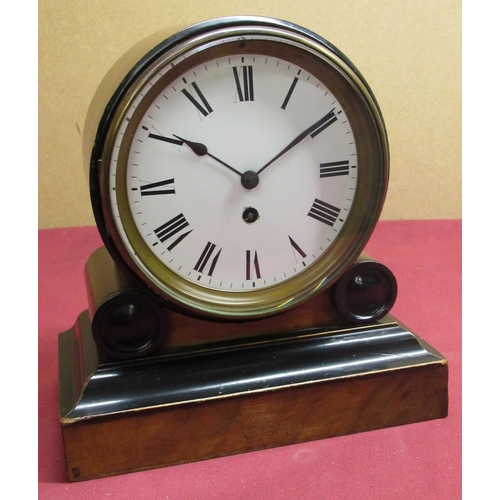 104 - Late Victorian mantel time piece, walnut and ebonised drum head case on stepped plinth, white enamel... 