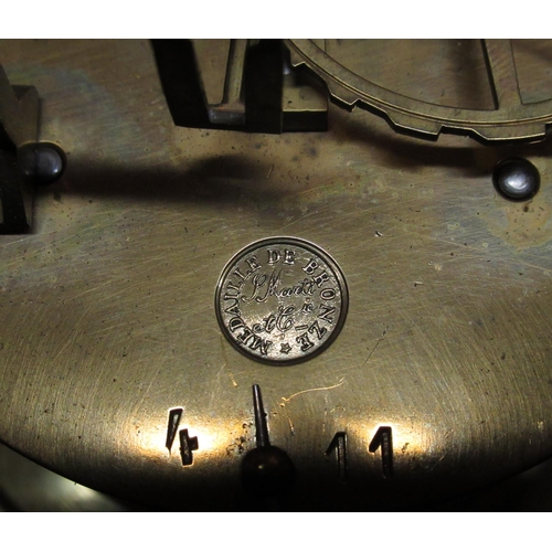 105 - 19th C mantel clock ebonised drum head case supported by stylised fish on shaped and moulded base, w... 