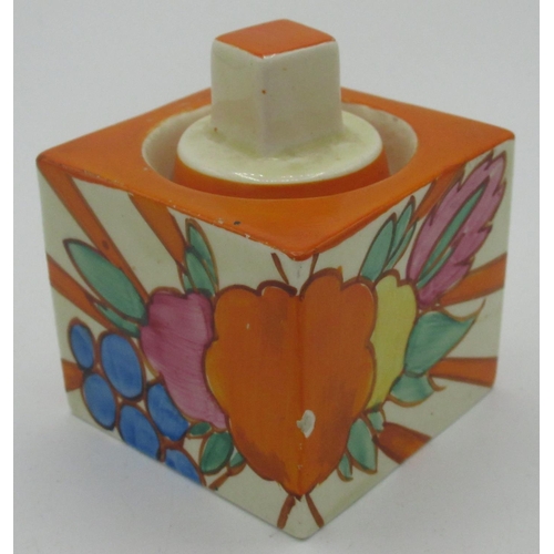 24 - Clarice Cliff Bizarre Fantasque Honeyglaze cube inkwell and cover decorated in Fruitburst pattern, p... 