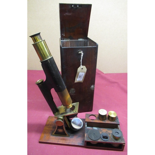 31 - Late 19th C lacquered brass and japanned metal travel monocular microscope, by Smith & Beck London N... 