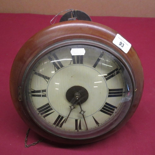 93 - Postman's style mahogany cased wall clock with painted wood dial with drop weights and pendulum