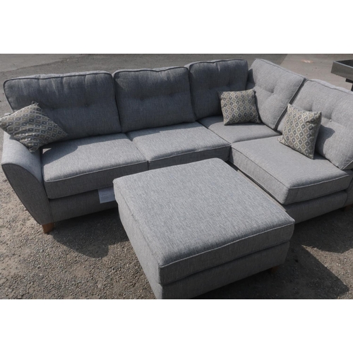 502 - Modern corner sofa, upholstered in grey cord fabric on oak finished tapered supports, with buttoned ... 