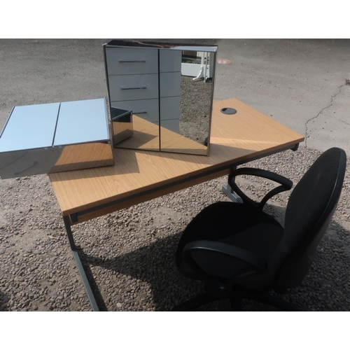 508 - Metal framed oak finish computer desk, black upholstered office swivel armchair, and a pair of two d... 