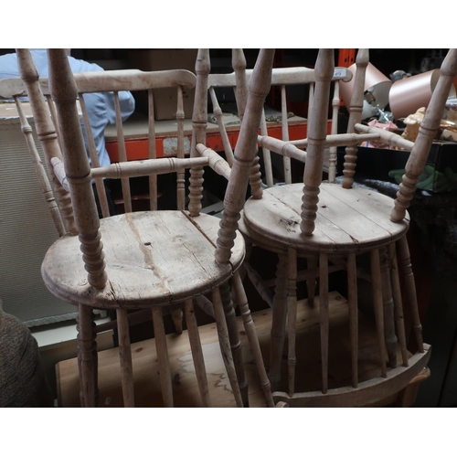 473 - Set of four late 19th C stripped pine kitchen chairs with circular seats, turned tapering ringed leg... 