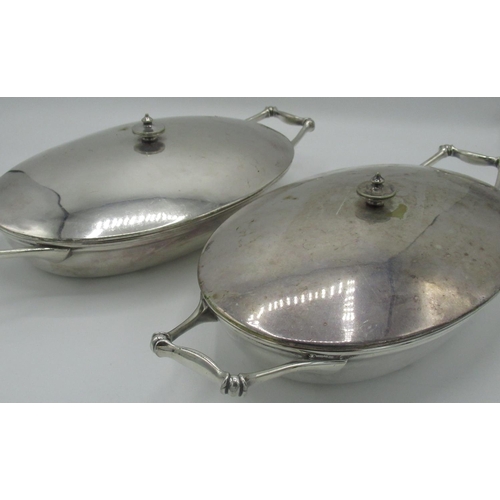 1079 - Pair of W.A.S Benson EPNS oval two handled tureens and covers with turned finials, stamped W.A.S. B ... 