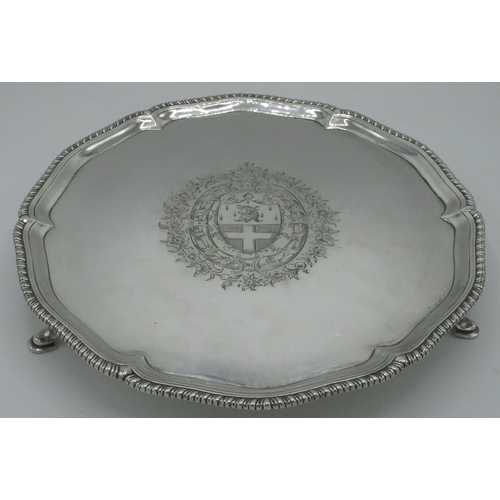 1080 - Geo.111 hallmarked silver dodecagon shaped salver with raised gadrooned border, engraved to centre w... 