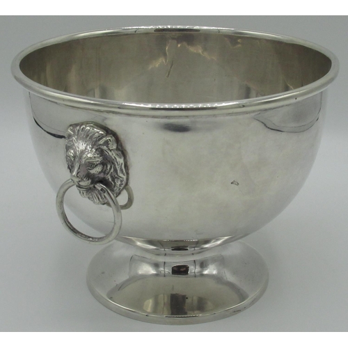 1084 - Large Geo.111 style hallmarked silver circular bowl, with reeded rim and lion mask and ring handles ... 