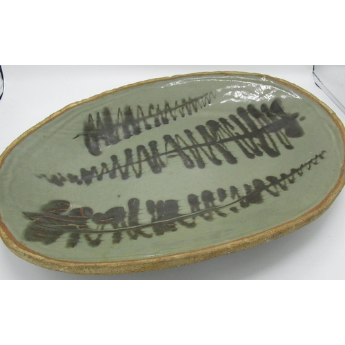 1216 - Michael Cardew (1901-1983) Abuja Pottery stoneware oval dish painted with meander pattern, impressed... 