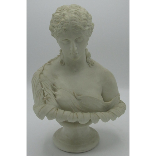 1218 - Early 20th C Parian ware bust of a young girl, on turned socle, H29cm