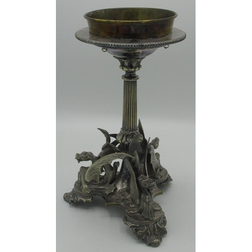 1091 - Victorian EPNS table centre, beaded circular top on fluted column, trefoil base cast with three drag... 
