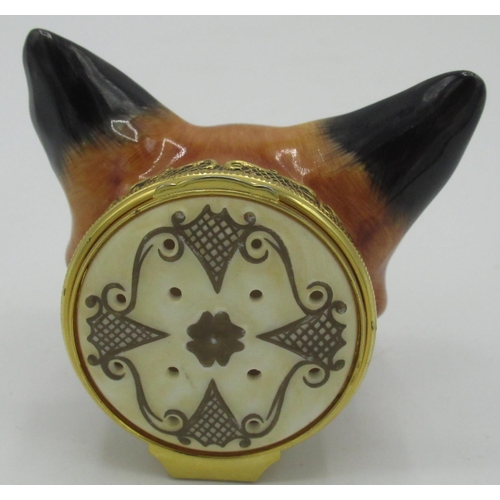 1147 - Royal Stratford hand painted stirrup cup modelled as a fox mask with gilt metal mounted pierced hing... 