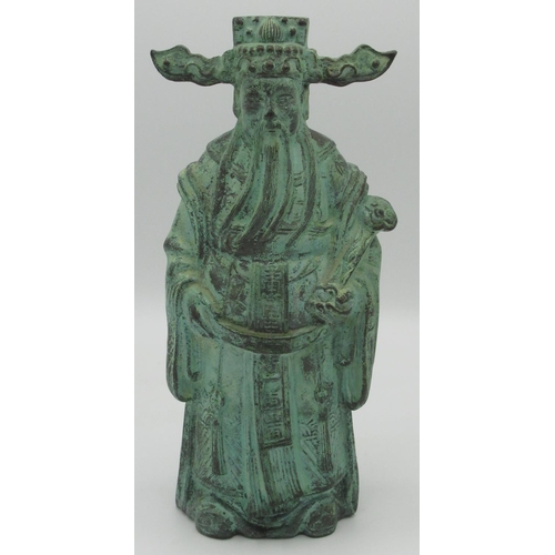 1247 - Green verdigris patinated cast metal model of a Chinese elder, H24cm W11cm