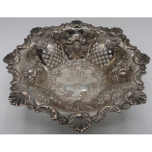 1094 - Victorian Sterling silver octagonal bon-bon dish, with shell and scroll border and alternate pierced... 