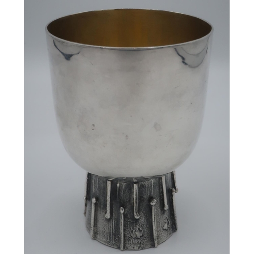 1095 - Mid century silver plated goblet, bell shaped bowl with gilt interior on textured relief cast taperi... 