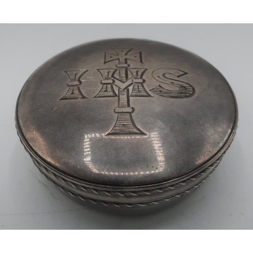 1096 - Geo.V Irish hallmarked silver circular wafer box and cover engraved IHS and presentation dated 1931,... 