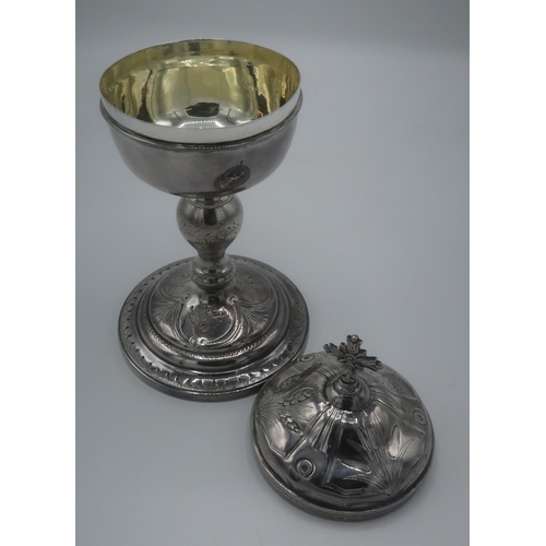 1100 - French silver Chalice with gilt interior, domed cover with Gothic cross finial on vase shaped column... 