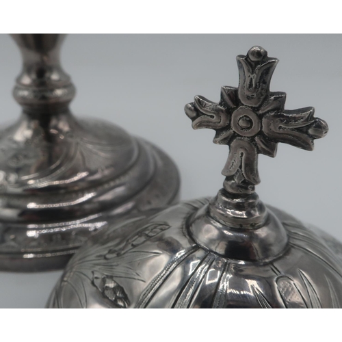 1100 - French silver Chalice with gilt interior, domed cover with Gothic cross finial on vase shaped column... 