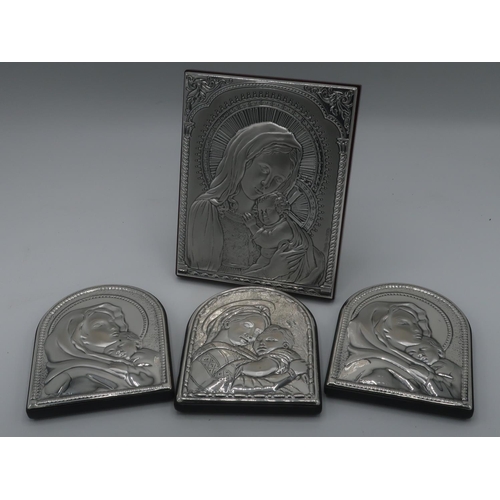 1101 - Modern Italian hallmarked silver Icon, relief decorated with Madonna & Child, H14cm W11cm, and three... 