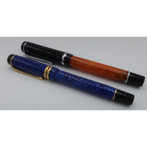 1150 - Parker Duofold fountain pen, nib stamped 18K 750, blue marbled case with black detail, and a Conklin... 