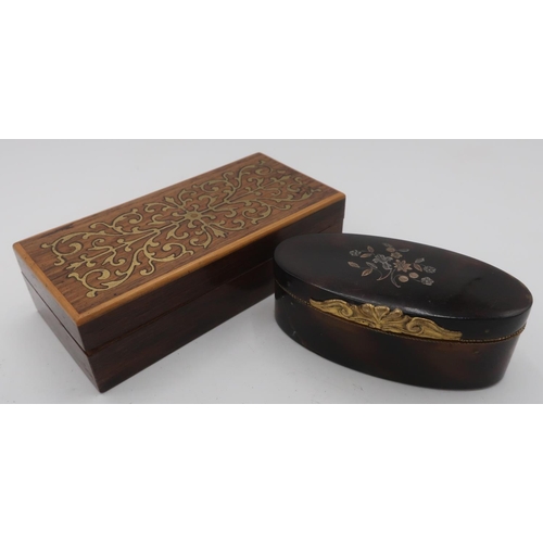 1300 - 19th Century gilt metal mounted tortoishell oval patch box, hinged lid inlaid with two colour metal ... 