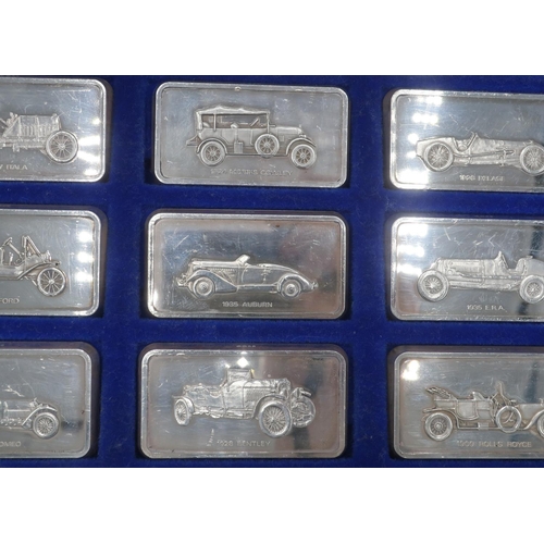 1077 - The National Motor Museum at Beaulieu, set of thirty-six silver ingot shaped medallions of classic c... 