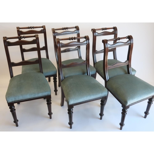 1290 - Set of six Victorian mahogany dining chairs, with turned top rail, twin serpentine splats and stuffe... 