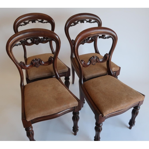 1325 - Set of four Victorian balloon back mahogany dining chairs, pierced and scroll carved splats and drop... 