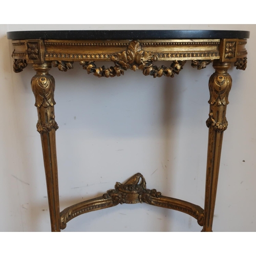 1280 - Pair of Adam style gilt wood D shape console tables with black fossil marble tops on wreath carved f... 