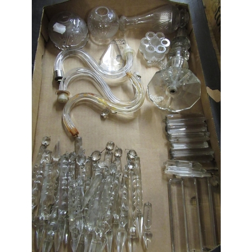 174 - Continental six branch brown tinted glass chandelier (not complete) a collection of clear glass lust... 