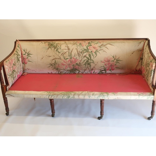 1278 - Edwardian Regency style mahogany sofa, with reeded frame and eight legs with brass sockets and caste... 