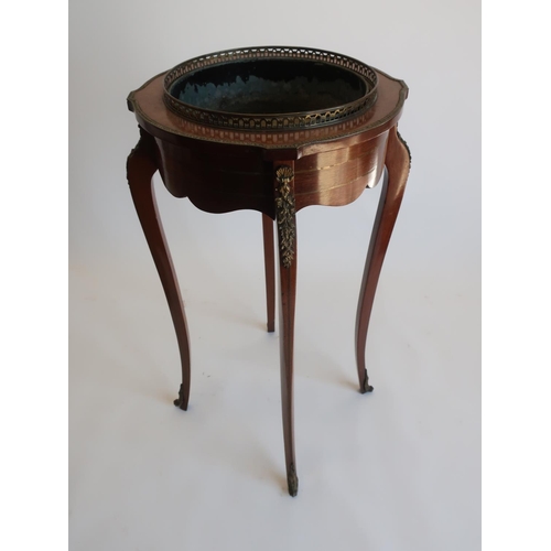 1291 - Late 20th C gilt metal mounted kingwood circular jardinière, with pierced gallery on four angular ca... 